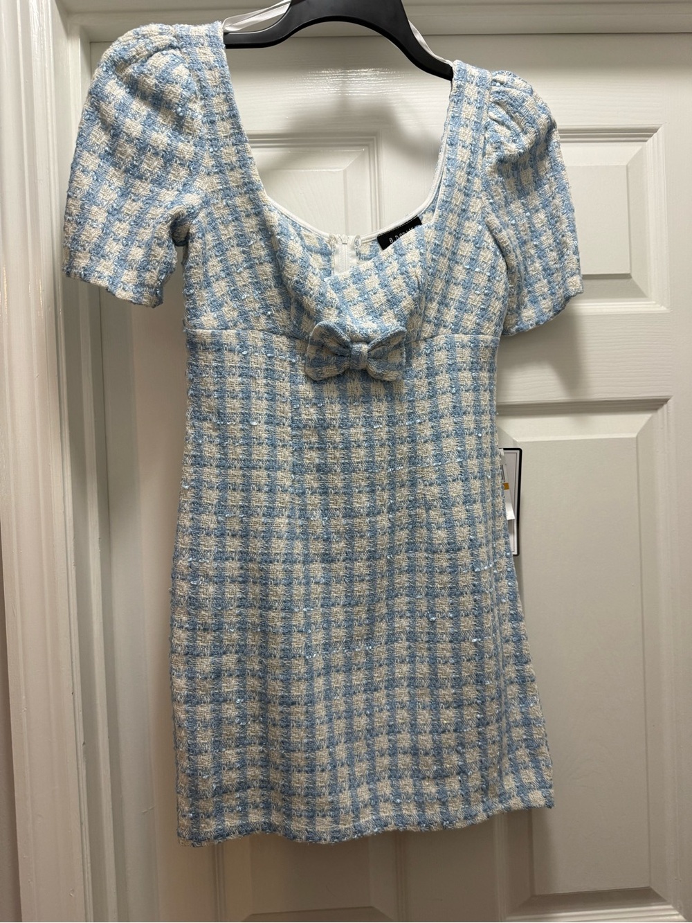 Blue & Cream Tweed Bow Mini Dress
